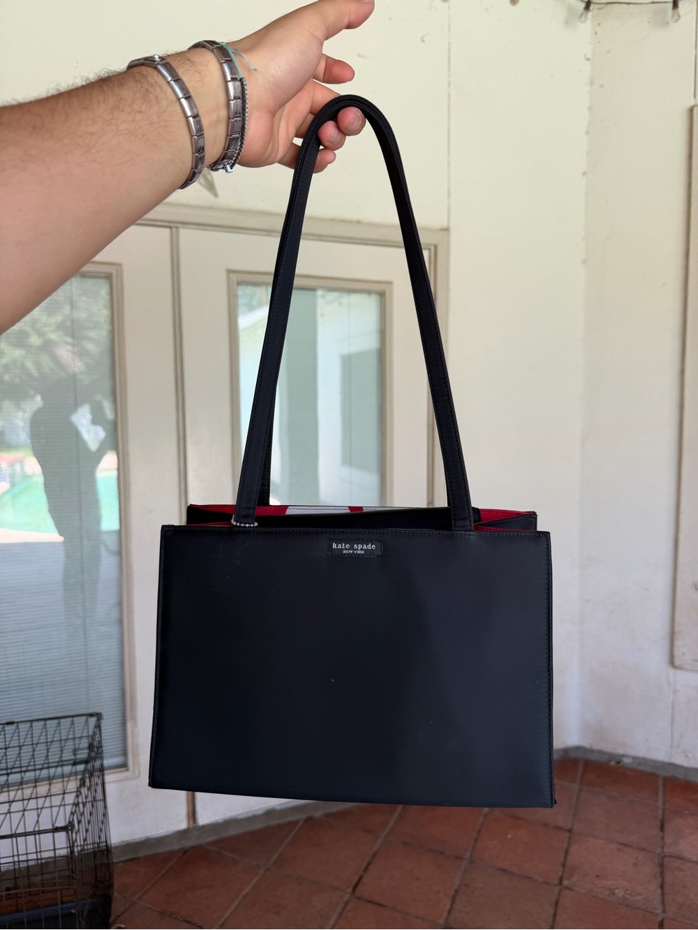 kate spade Black Shoulder Tote with Red Interior Peek